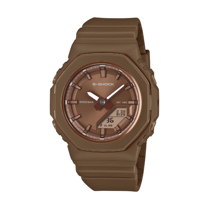 casio g-shock analog digital brown dial and brown resin strap women watch front view
