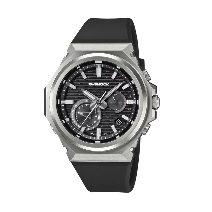casio g-shock g-steel 3 hands date in black dial and black bio-based resin band solar men watch front view