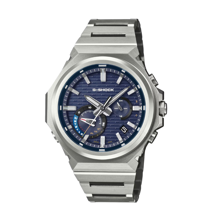 casio g-shock g-steel 3 hands date in blue dial and silver stainless steel bracelet solar men watch front view