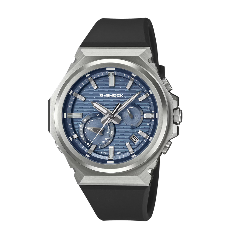 casio g-shock g-steel 3 hands date in blue dial and black resin band solar men watch front view 