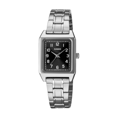 casio general 3 hands quartz in black dial and silver stainless steel square women watch front view