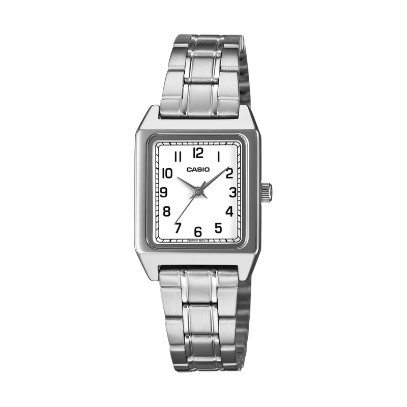 casio general 3 hands quartz in white dial and silver stainless steel bracelet women watch front view