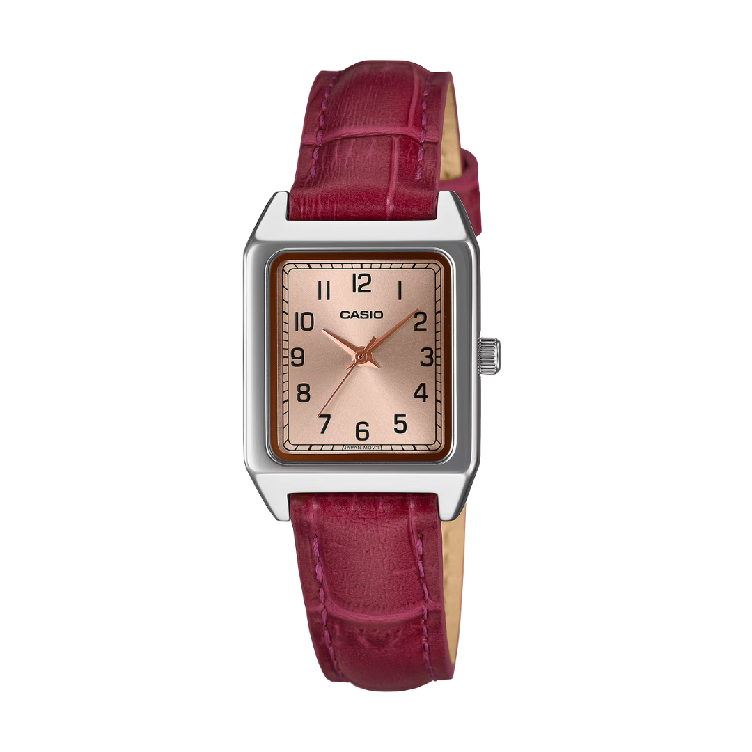 casio general 3 hands quartz in rose gold dial and burgundy leather strap women watch front view