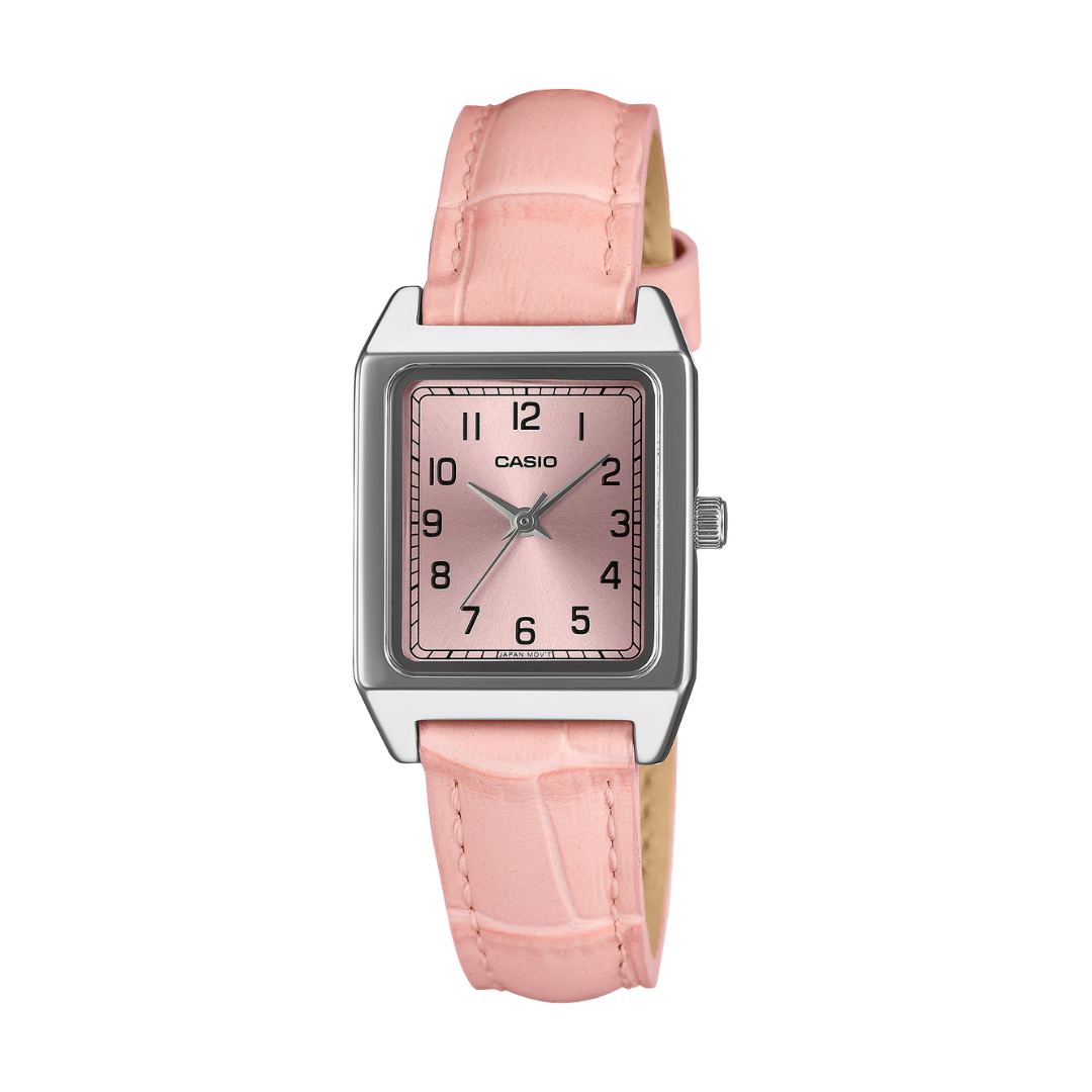 casio general quartz 3 hands in pink dial and pink leather strap women watch front view