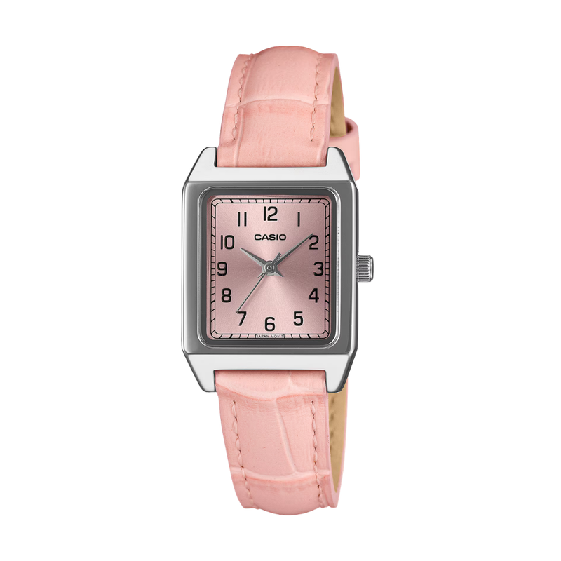casio general quartz 3 hands in pink dial and pink leather strap women watch front view