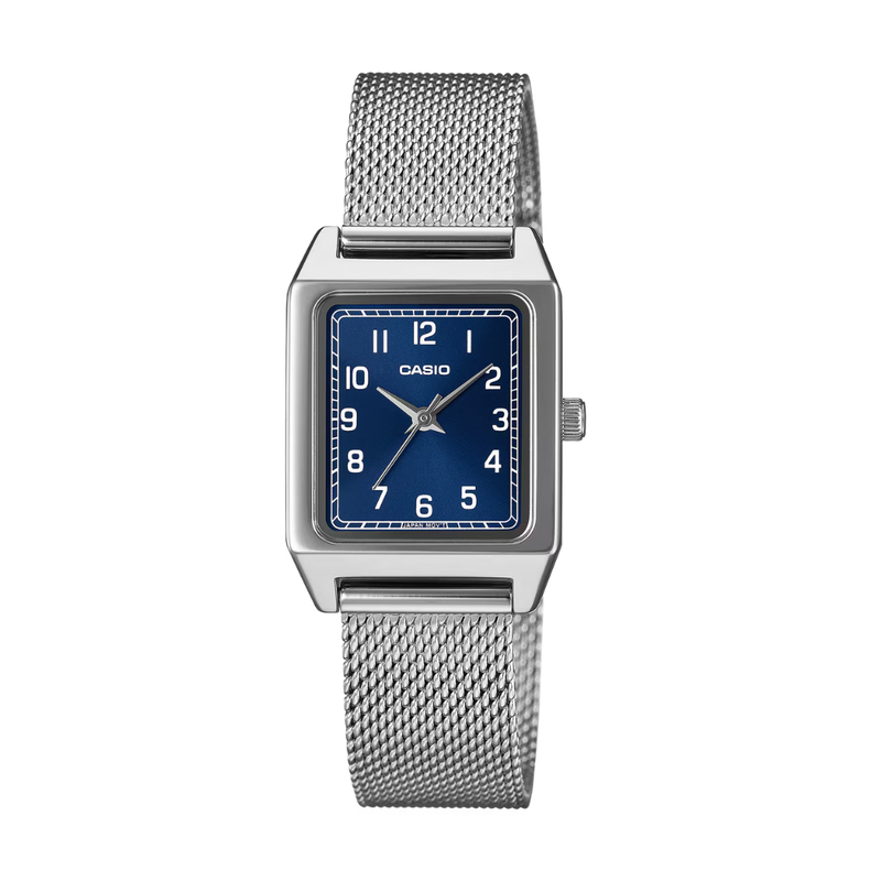 casio general 3 hands quartz in blue dial and silver mesh strap women watch front view