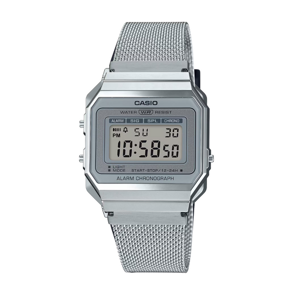 Casio A700WM-7ADF vintage digital watch with stainless steel band front view