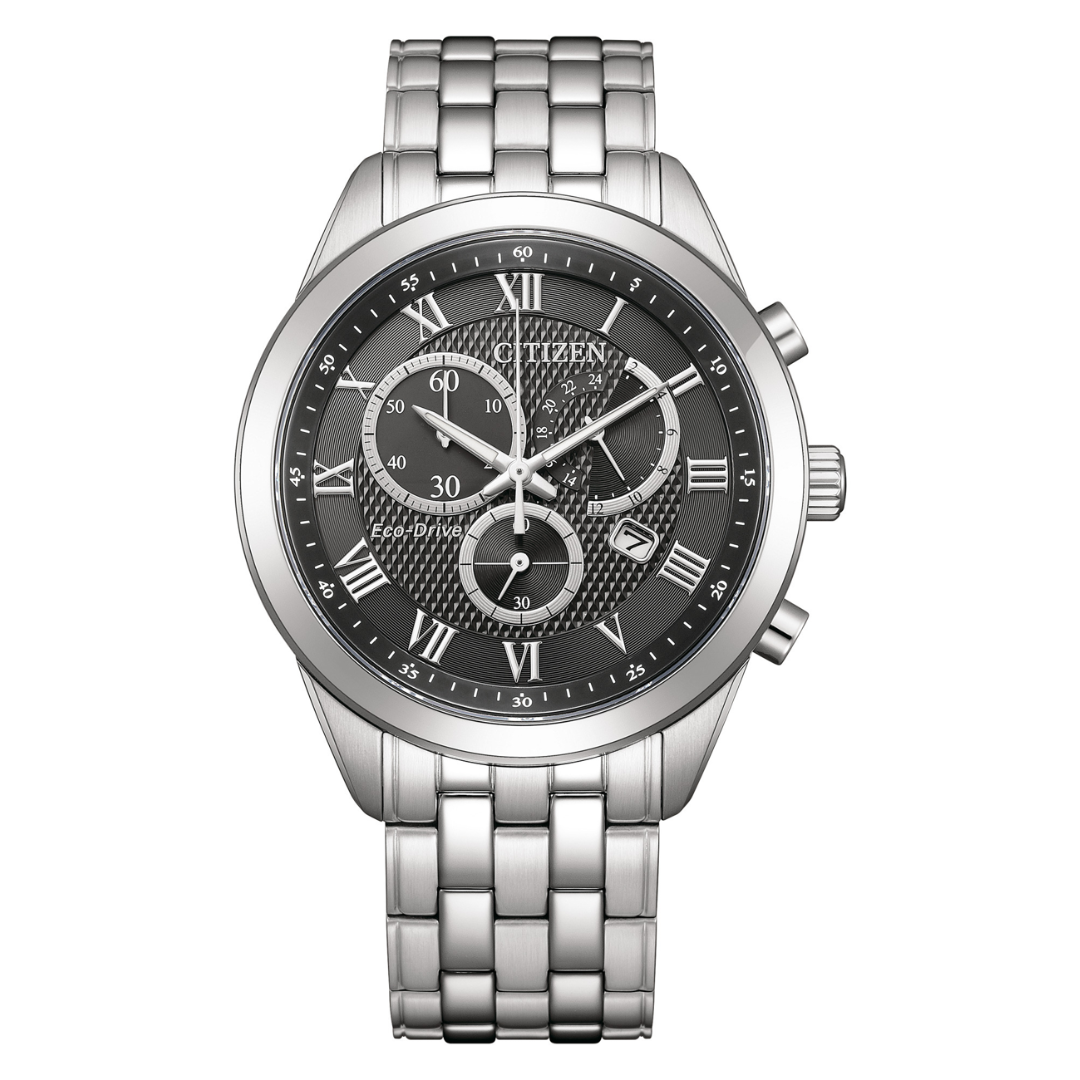 citizen eco-drive chronograph black dial stainless steel men watch front view