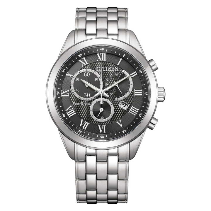 citizen eco-drive chronograph black dial stainless steel men watch front view