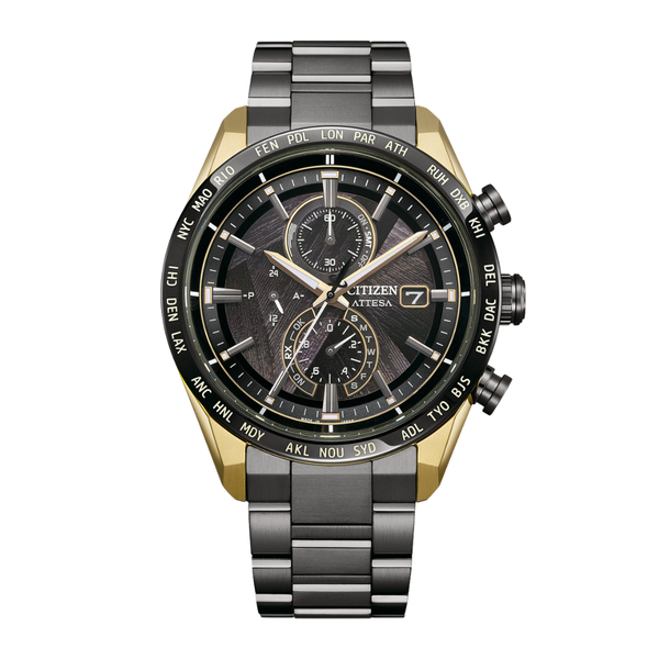 citizen attesa eco-drive limited edition chronograph in black dial with a bit of gold tone around the case and black stainless steel strap men watch front view