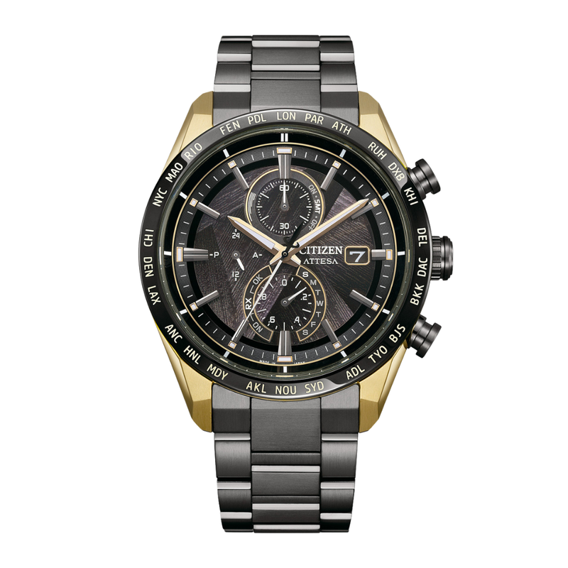 citizen attesa eco-drive limited edition chronograph in black dial with a bit of gold tone around the case and black stainless steel strap men watch front view