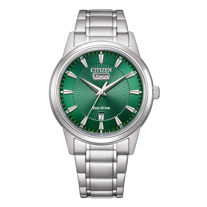 citizen eco-drive chronograph green dial stainless steel men watch front view
