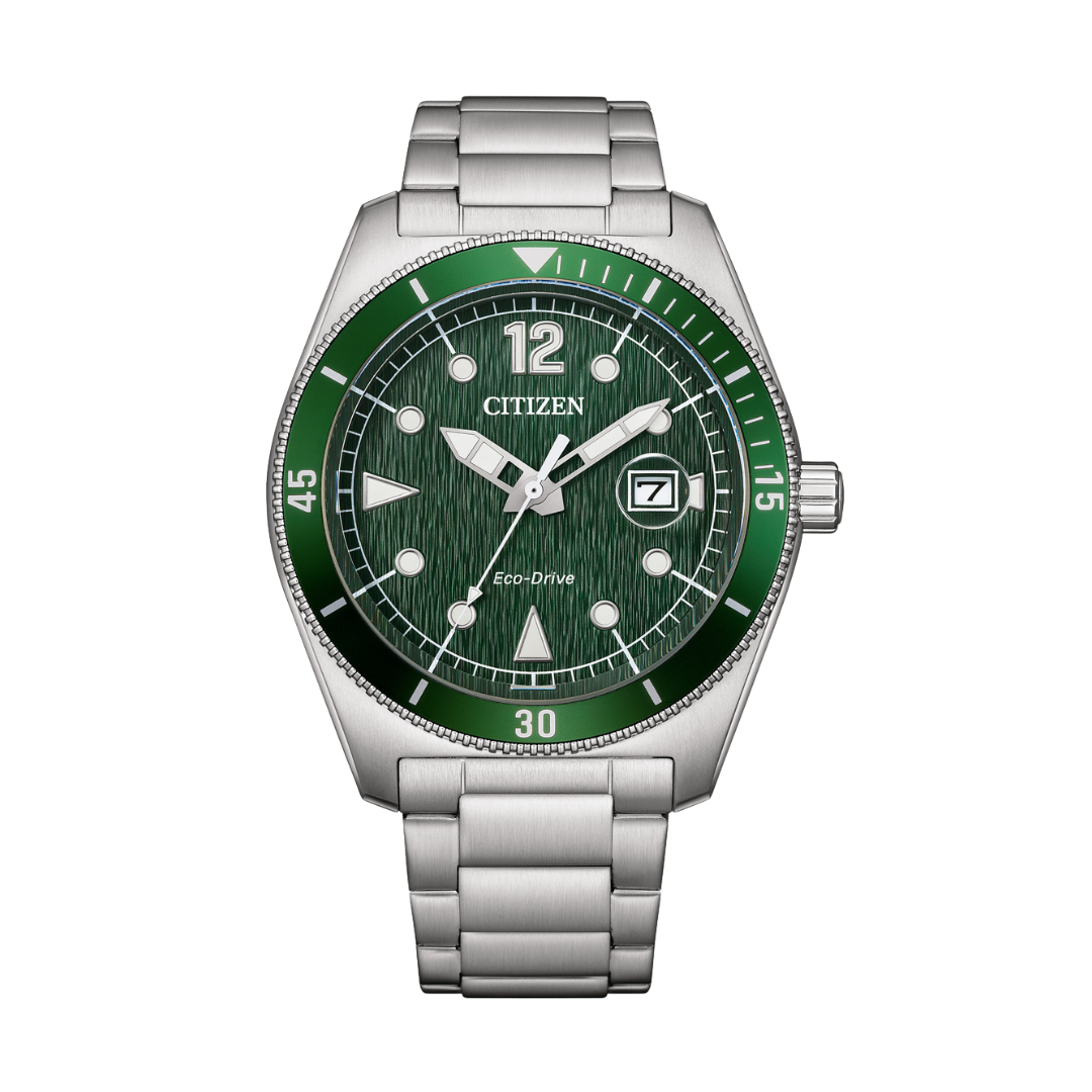 citizen eco-drive green textured dial and silver stainless steel bracelet men watch front view