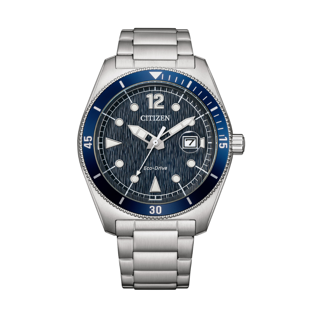 citizen eco-drive in blue textured dial with 3 hands date and silver stainless steel bracelet men watch front view 