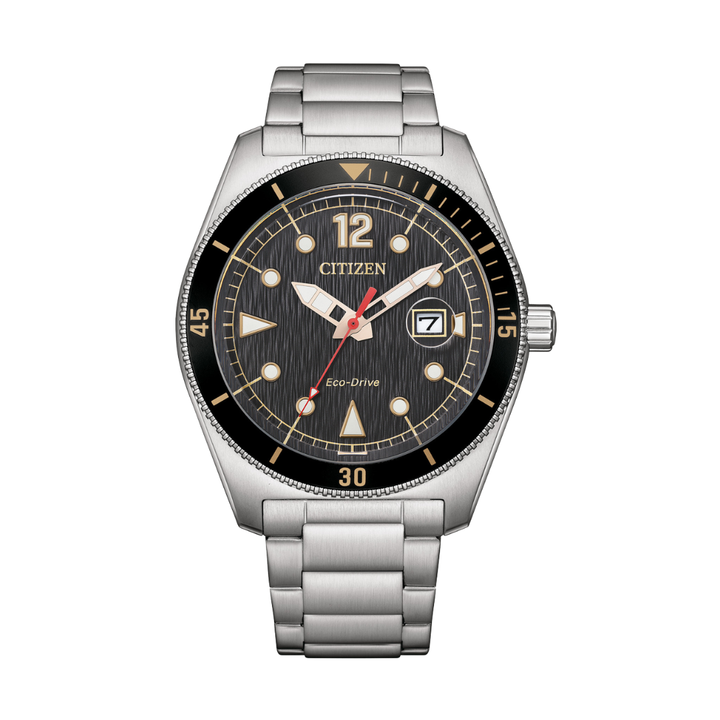 citizen eco-drive black textured dial ith 3 hands date and silver stainless steel bracelet men watch front view