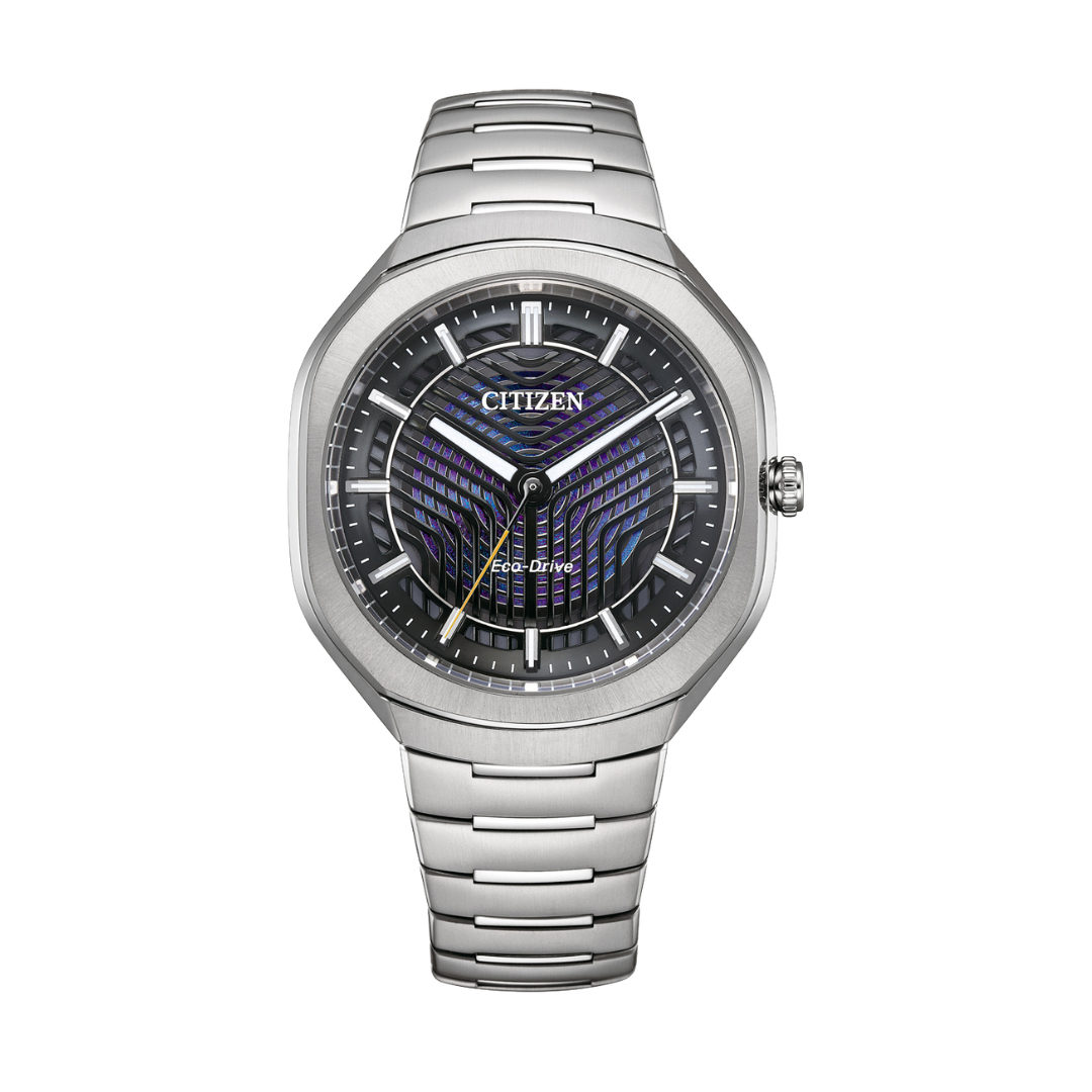 citizen eco-drive in textured structural colour dial with 3 hands and super titanium bracelet men watch front view