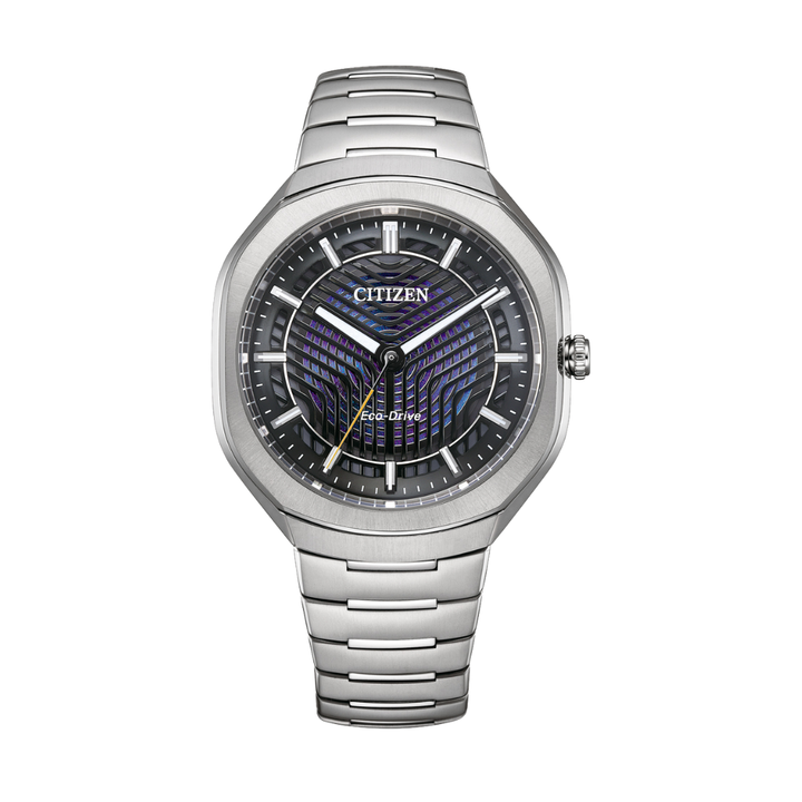 citizen eco-drive in textured structural colour dial with 3 hands and super titanium bracelet men watch front view