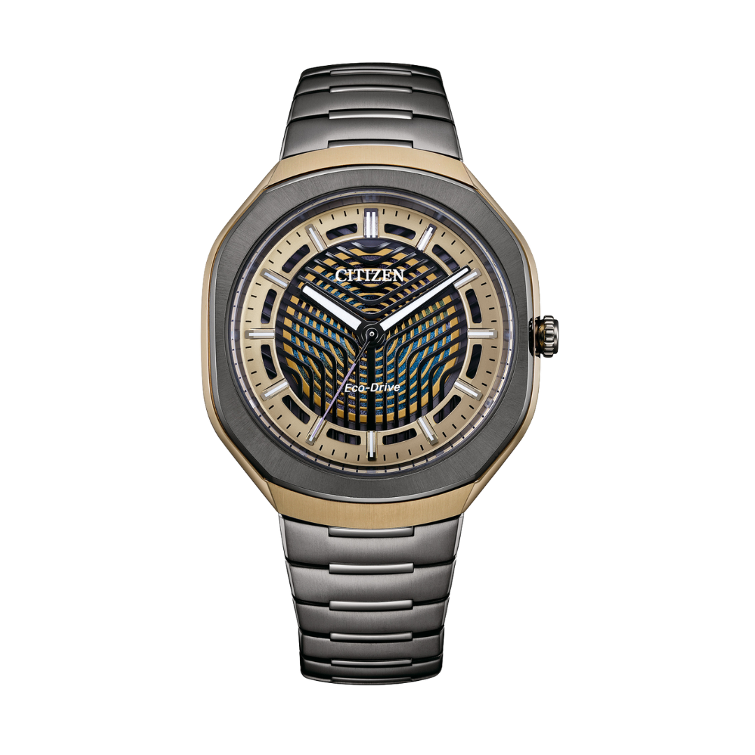 citizen eco-drive 3 hands with gold structural film dial and black super titanium bracelet men watch front view