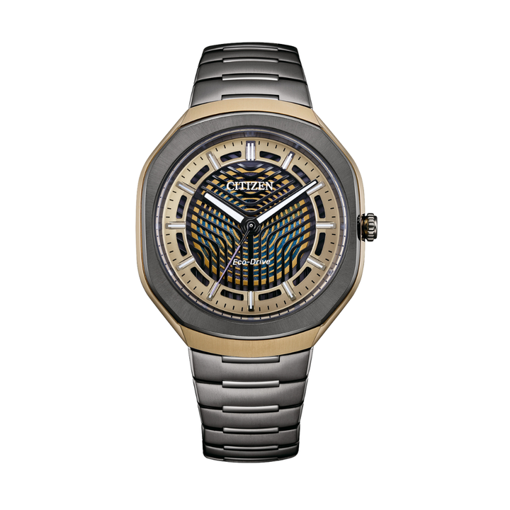 citizen eco-drive 3 hands with gold structural film dial and black super titanium bracelet men watch front view