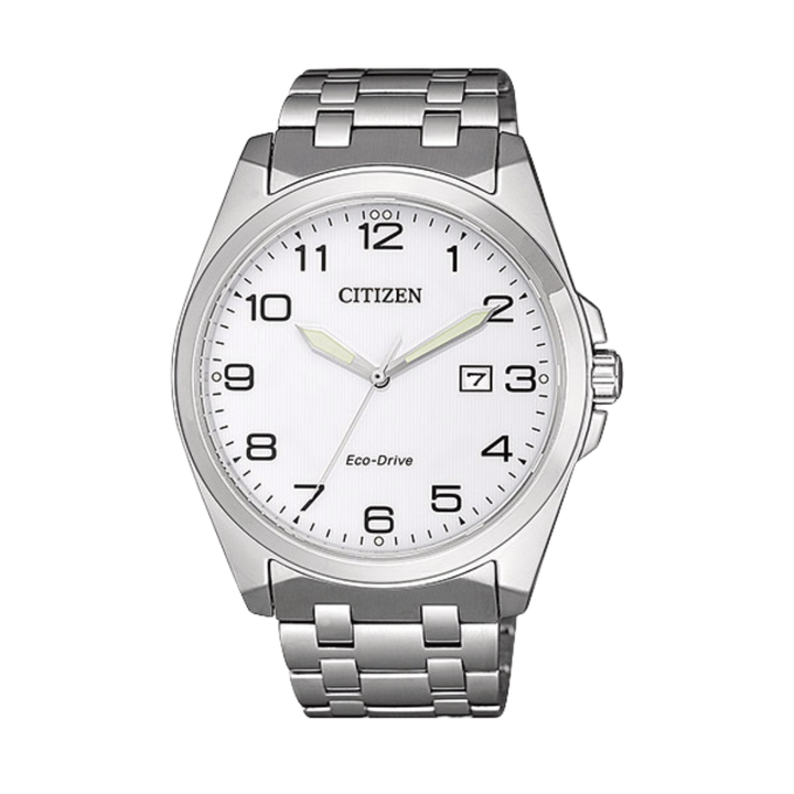 citizen eco-drive in white dial and black numeral indicators and date display and silver stainless steel bracelet men watch front view