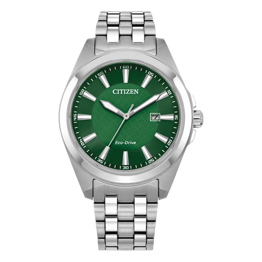 citizen eco-drive green dial stainless steel men watch front view