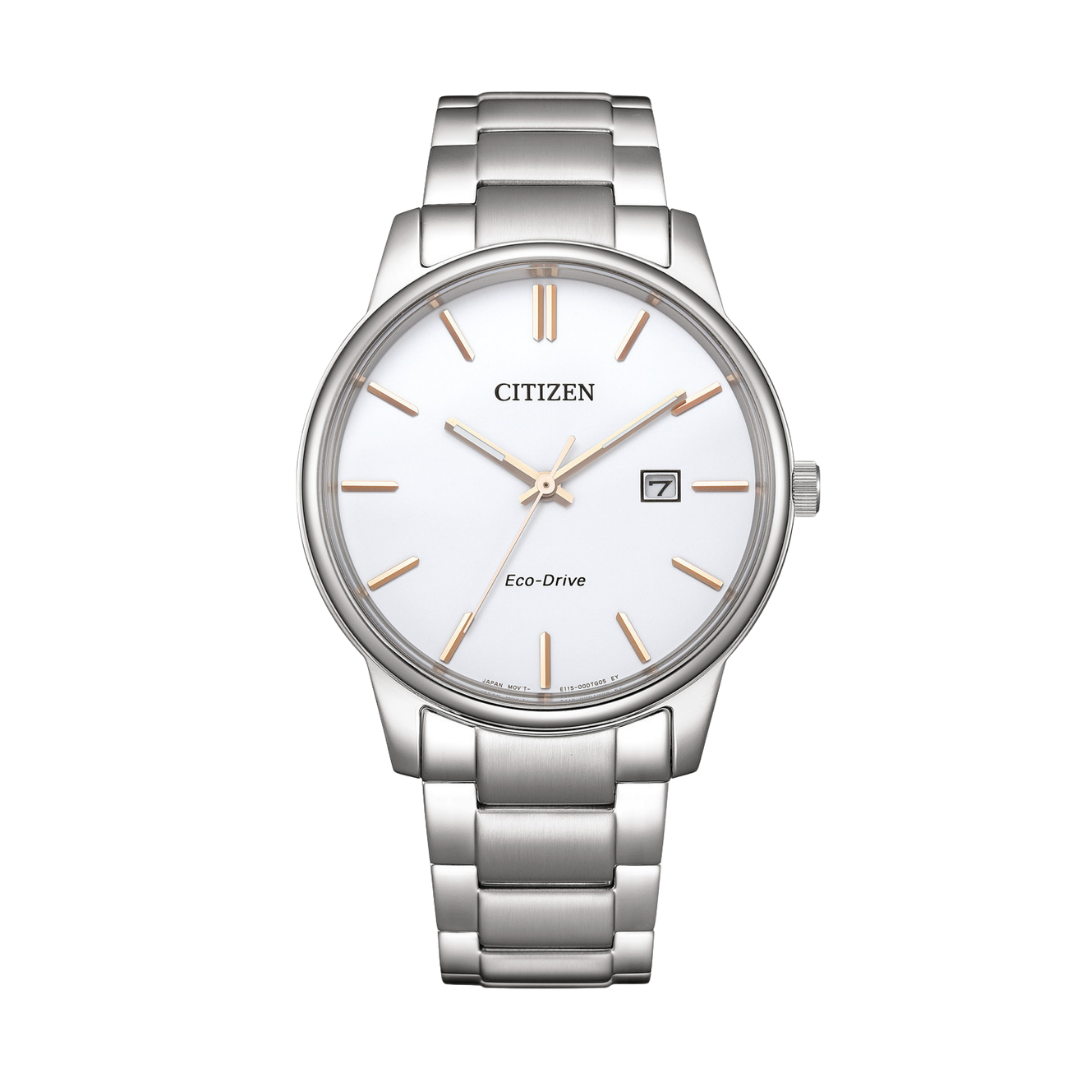 citizen eco-drive 3 hands date in white dial and silver stainless steel men watch front view 