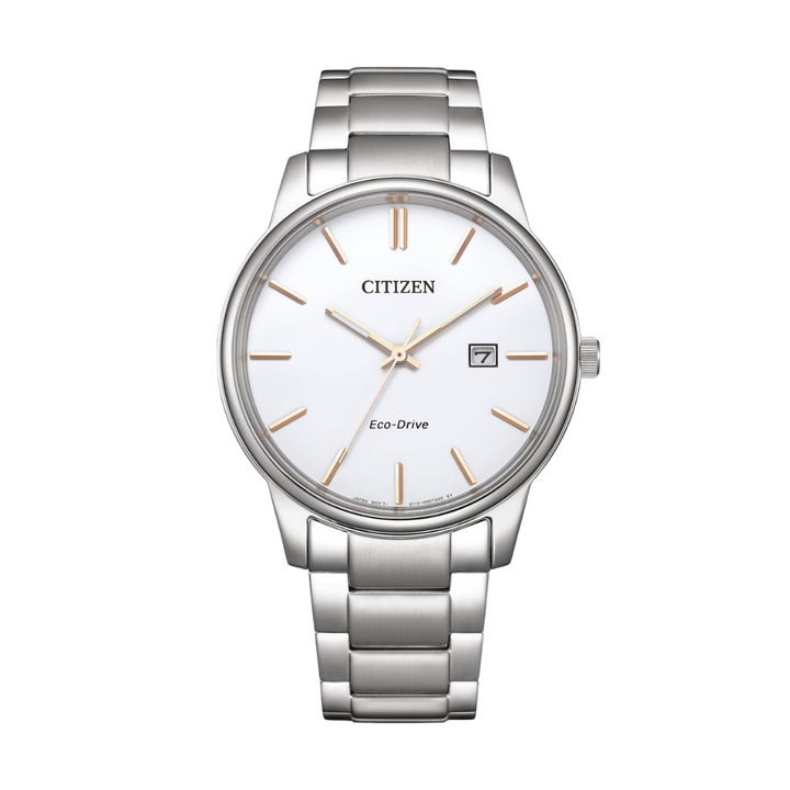 citizen eco-drive 3 hands date in white dial and silver stainless steel men watch front view 