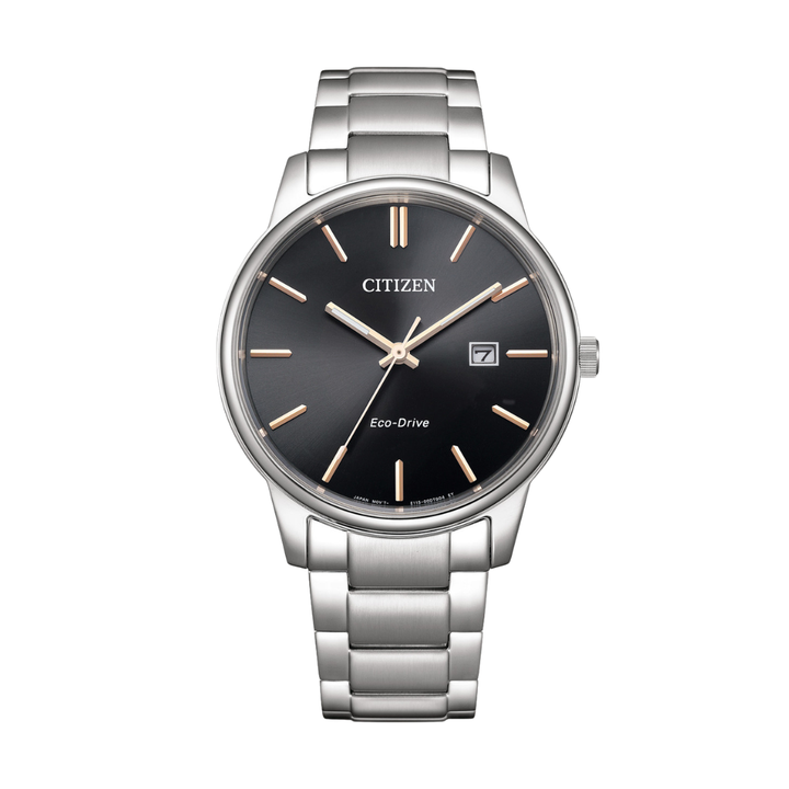 citizen eco-drive 3 hands date in black dial and silver stainless steel bracelet men watch front view