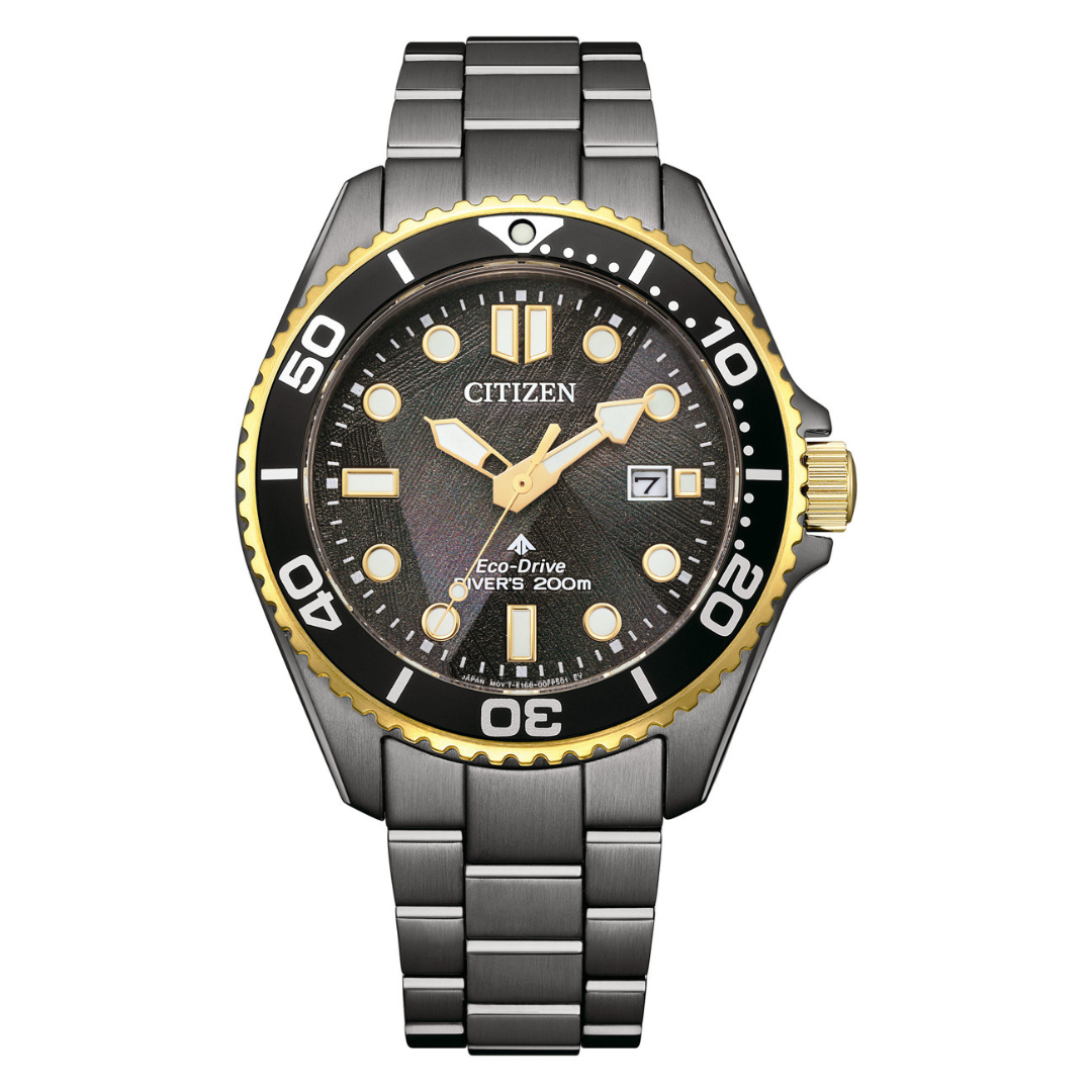Citizen watch with grey strap and black dial front view