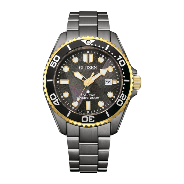 Citizen watch with grey strap and black dial front view