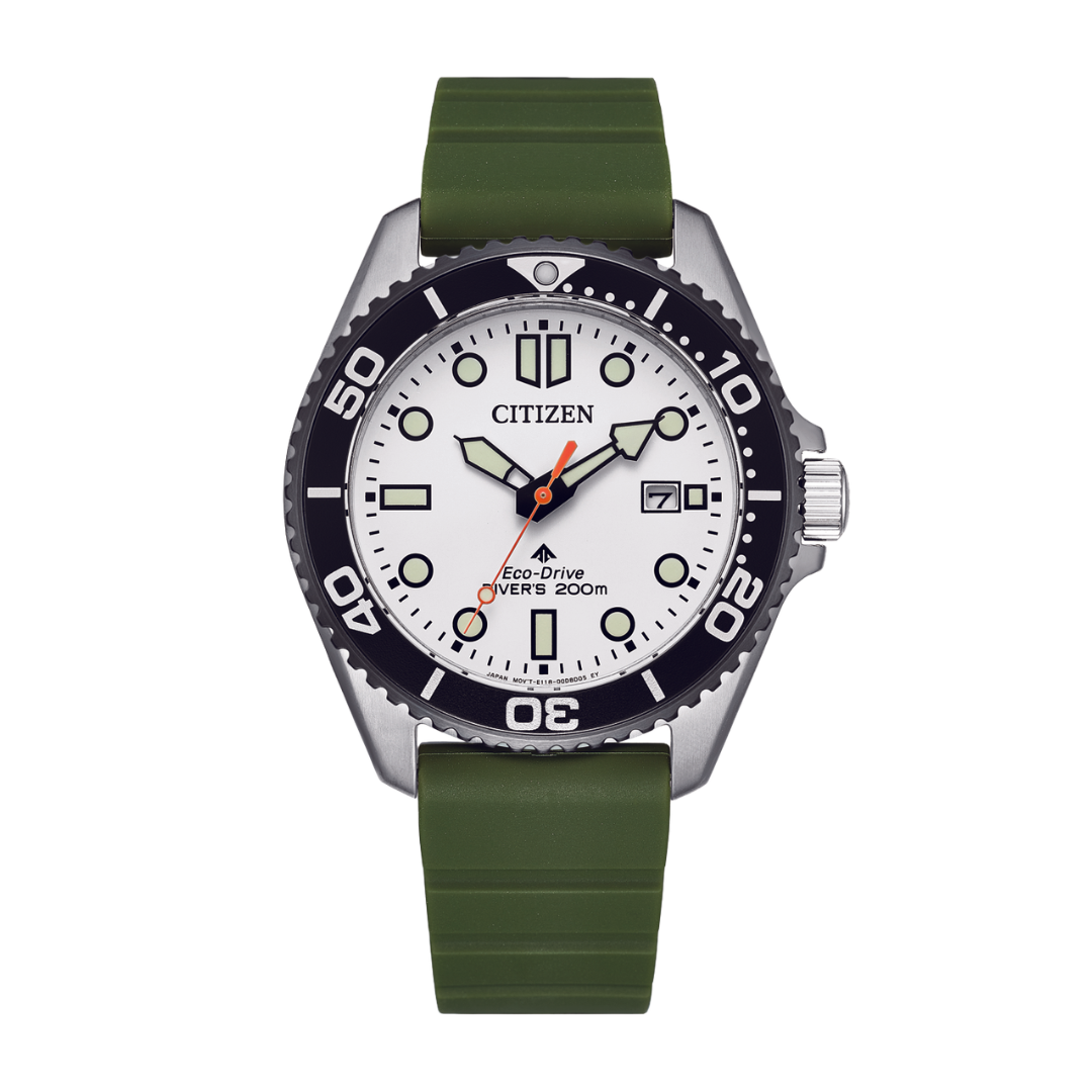 citizen promaster eco-drive white dial army green polyurethane strap men watch front view