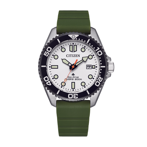 citizen promaster eco-drive white dial army green polyurethane strap men watch front view