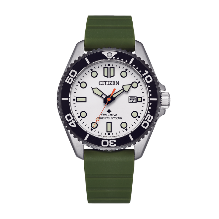 citizen promaster eco-drive white dial army green polyurethane strap men watch front view