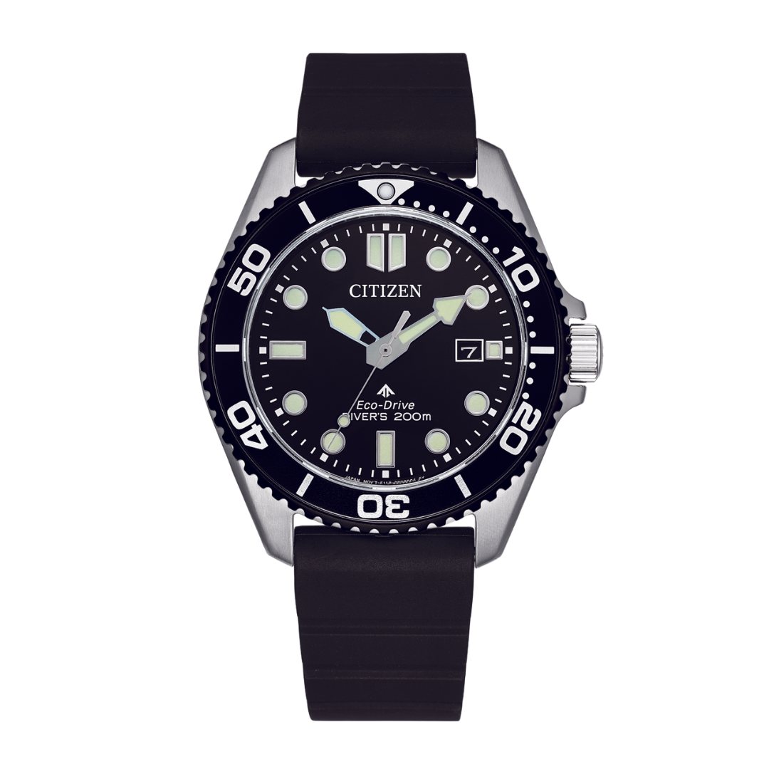 citizen promaster eco-drive black dial and black polyurethane strap men watch front view