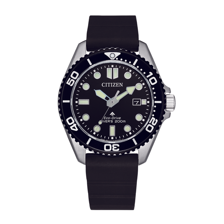 citizen promaster eco-drive black dial and black polyurethane strap men watch front view