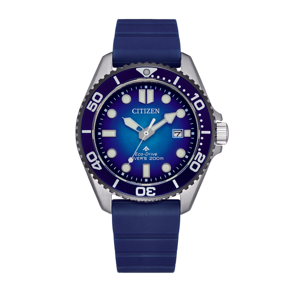 citizen promaster eco-drive blue dial and blue strap men watch front view