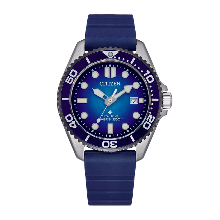 citizen promaster eco-drive blue dial and blue strap men watch front view