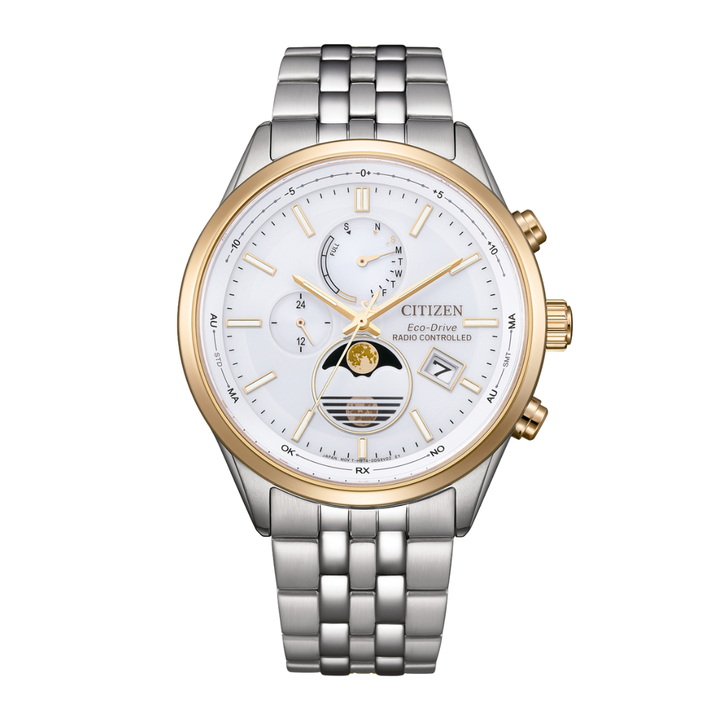citizen eco-drive radio controlled moonphase with gold tone bezel and silver stainless steel strap men watch front view