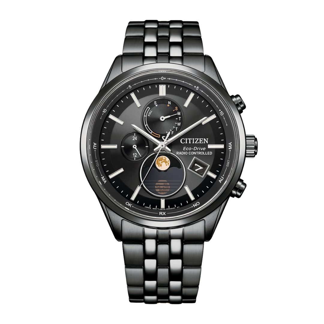 citizen eco-drive rado controlled black dial with moonphase and black stainless steel strap men watch front view