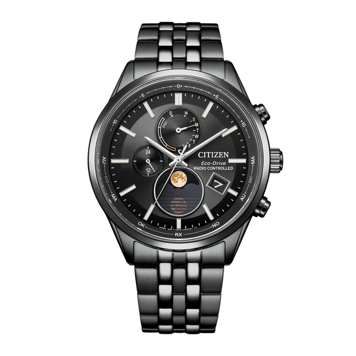 citizen eco-drive rado controlled black dial with moonphase and black stainless steel strap men watch front view