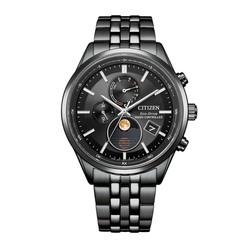citizen eco-drive rado controlled black dial with moonphase and black stainless steel strap men watch front view
