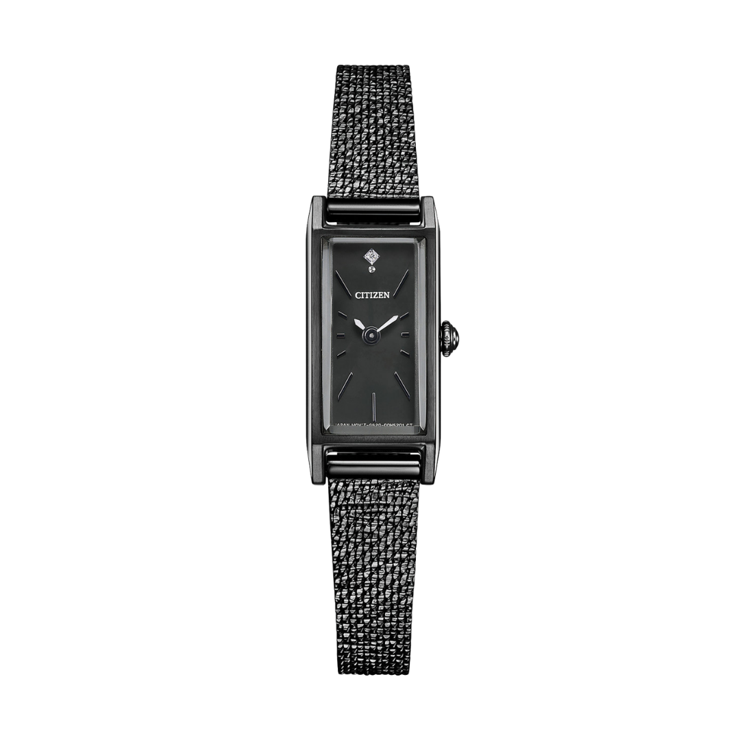 citizen kii eco-drive 2 hands with a diamond at 12 o'clock in black dial and black stainless steel mesh strap women watch front view
