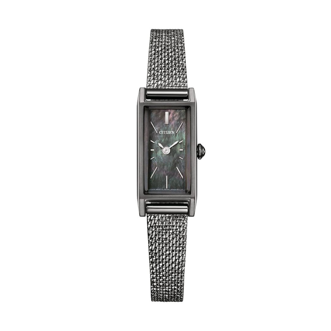 citizen kii eco-drive 2 hands in grey mother of pearl dial and grey stainless steel mesh strap women watch front view