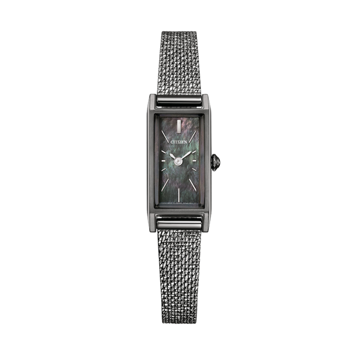 citizen kii eco-drive 2 hands in grey mother of pearl dial and grey stainless steel mesh strap women watch front view