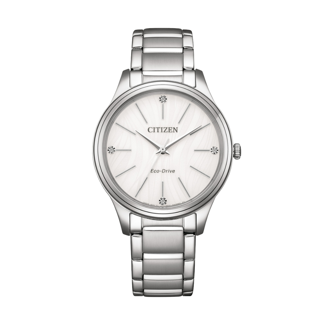 citizen eco-drive 3 hands with white dial and silver stainless steel bracelet women watch front view