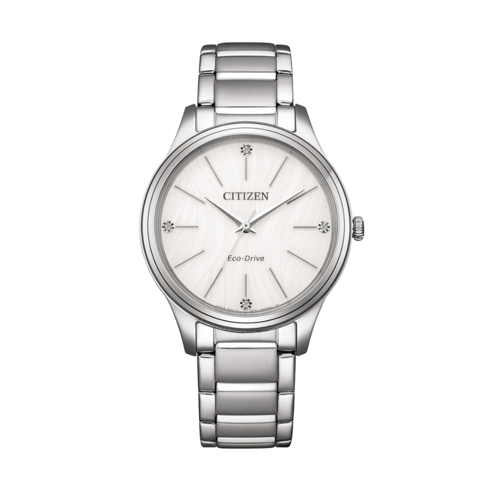 citizen eco-drive 3 hands with white dial and silver stainless steel bracelet women watch front view