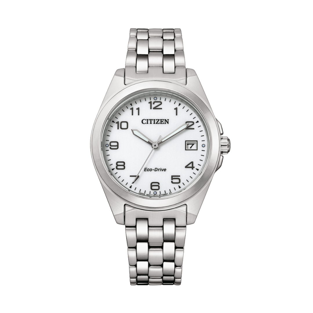 citizen eco-drive 3 hands date white dial with black numerals indicator and silver stainless steel bracelet women watch front view