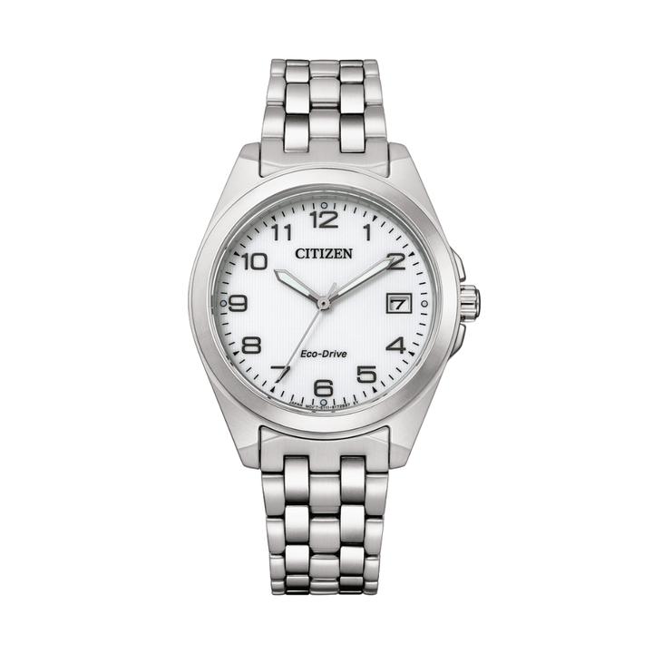 citizen eco-drive 3 hands date white dial with black numerals indicator and silver stainless steel bracelet women watch front view