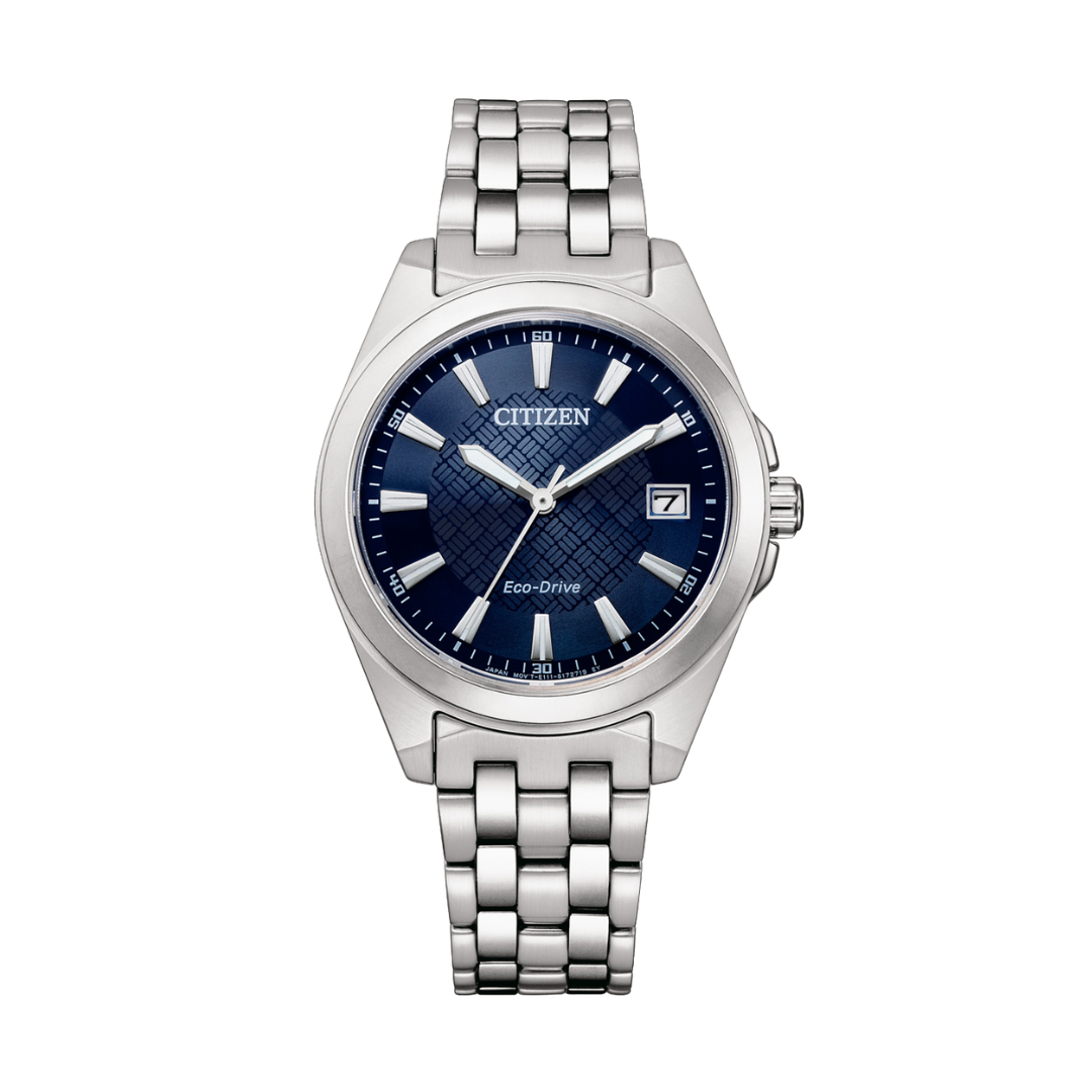 citizen eco-drive 3 hands date in blue textured dial and silver stainless steel bracelet women watch front view