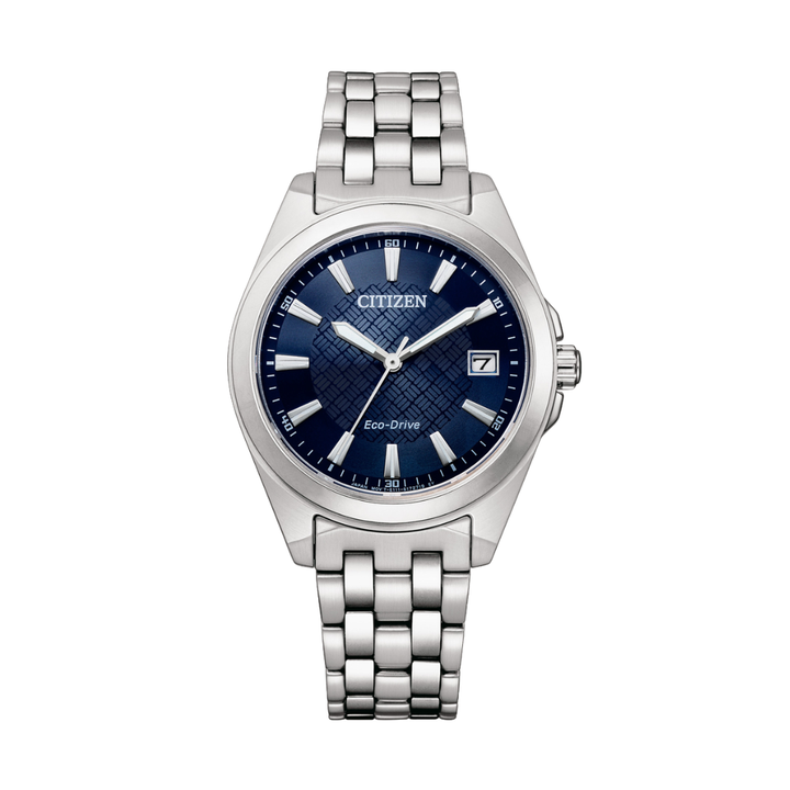 citizen eco-drive 3 hands date in blue textured dial and silver stainless steel bracelet women watch front view